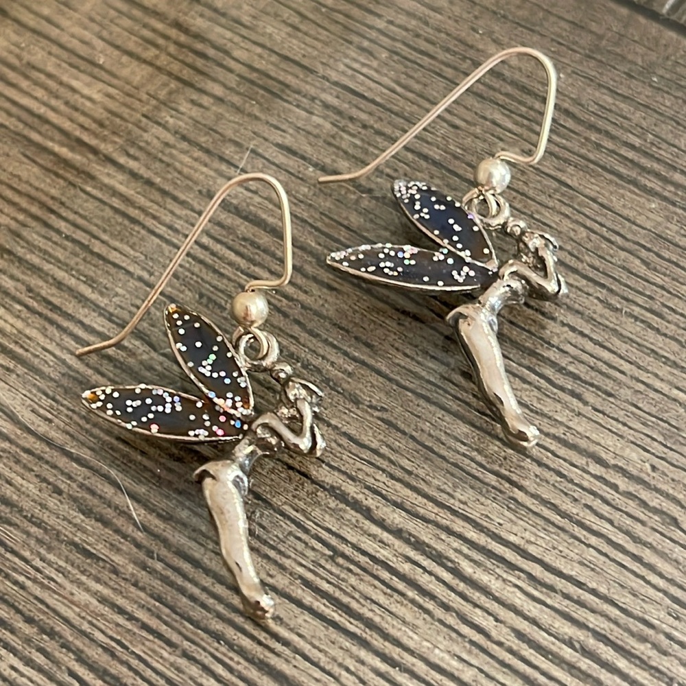 Vintage Fairy Tinker Bell Dangle Earrings with Glitter Wings